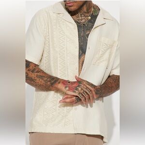 Fashion Nova Nova men Half Crochet Pattern Short Sleeve Button Up Cream Large